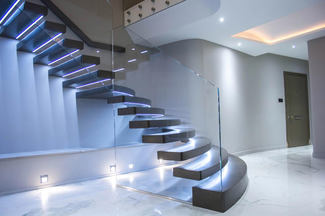 J-cambered glass railing stone steps stairs